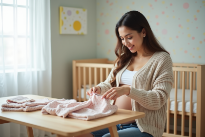 Femme enceinte pliant des vêtements pour bébé dans une nurserie lumineuse