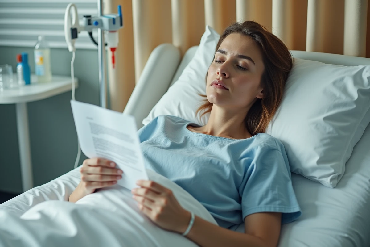 Femme hospitalisée tenant une convocation de justice, dans l'impossibilité de se rendre à son audience JAF