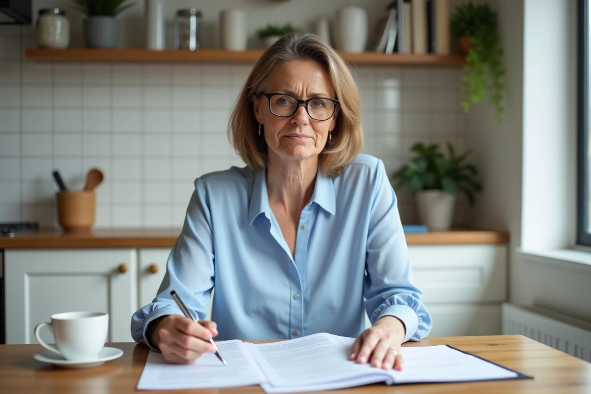 Une femme lit attentivement un contrat de prêt chez elle, représentant l'importance de comprendre ses engagements avant de signer un crédit en couple