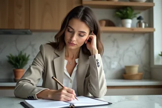 Femme en planchette organisée pour un matin calme