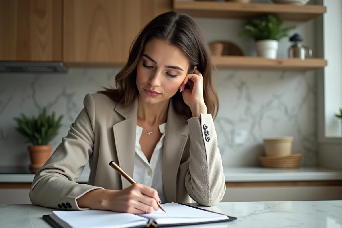 Femme en planchette organisée pour un matin calme