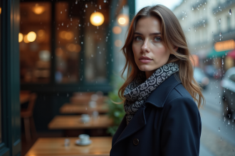 Femme pensif près d un café parisien en trench