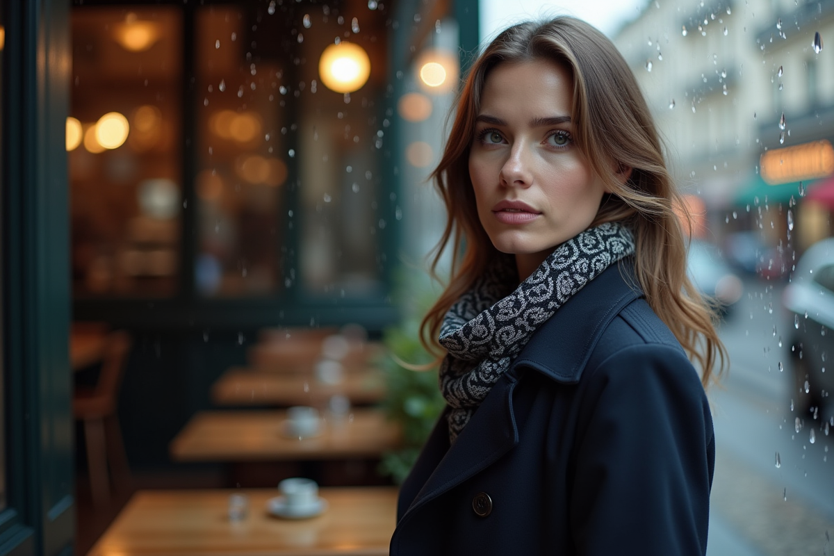 Femme pensif près d un café parisien en trench
