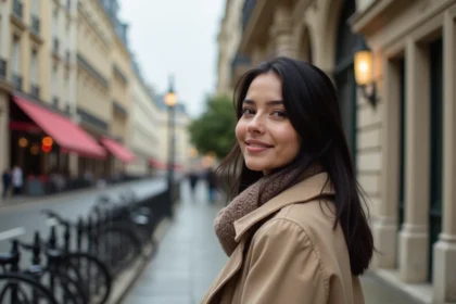 Femme parisienne en trench beige et écharpe dans la rue