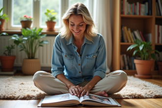 Femme souriante près d’un album photo à la maison