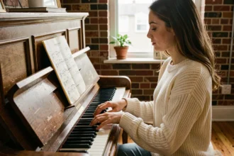 Jeune femme jouant la chanson Trois Petits Chats sur un piano droit en bois, partition simple posée sur le pupitre