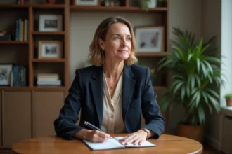 Femme en réflexion dans un bureau cosy avec livres