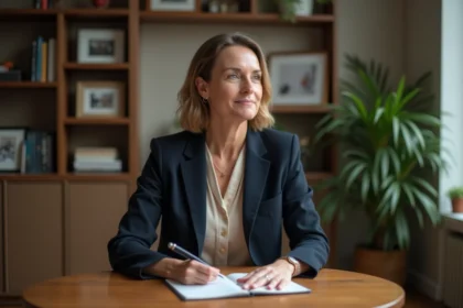 Femme en réflexion dans un bureau cosy avec livres
