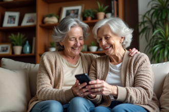 Femme senior aidée par sa fille avec un smartphone dans le salon