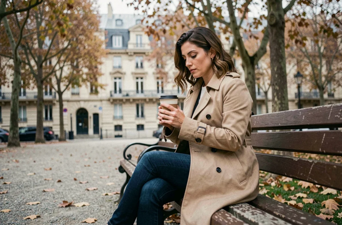 Femme seule sur un banc dans un parc parisien en automne, ambiance mélancolique évoquant la séparation conjugale