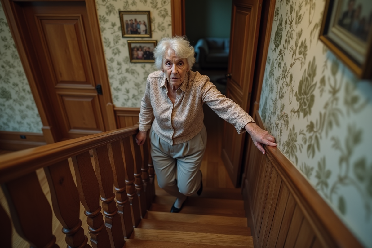 Femme âgée glissant sur un escalier en bois ancien