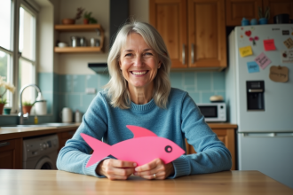 Femme souriante en cuisine avec poisson en papier pour Poisson d'Avril