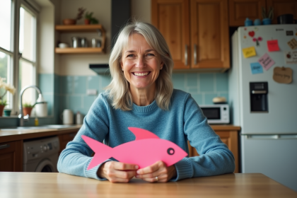 Femme souriante en cuisine avec poisson en papier pour Poisson d'Avril