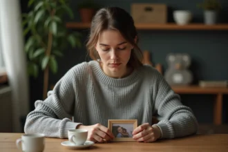 Femme tenant une photo encadrée de son père décédé à table, expression mélancolique et tendre, souvenir d'anniversaire