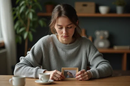 Femme tenant une photo encadrée de son père décédé à table, expression mélancolique et tendre, souvenir d'anniversaire