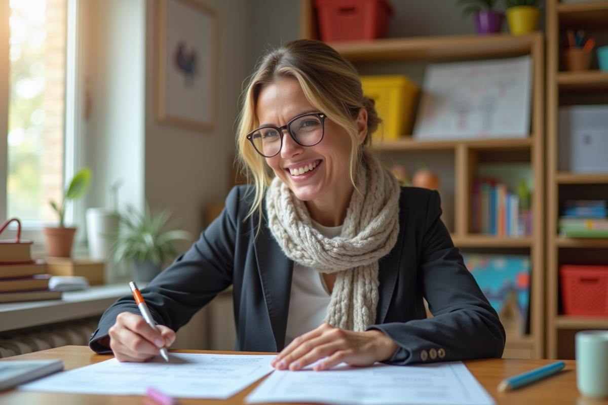 Femme souriante au bureau avec dessins d'enfants