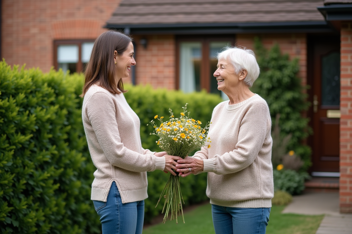 Femme offrant un bouquet de fleurs à une voisine dans un jardin