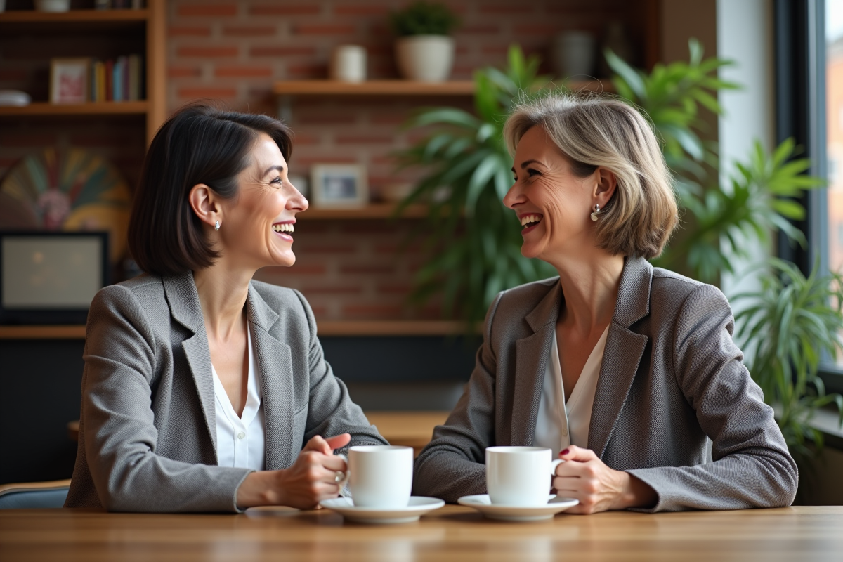 Deux femmes discutant joyeusement au café