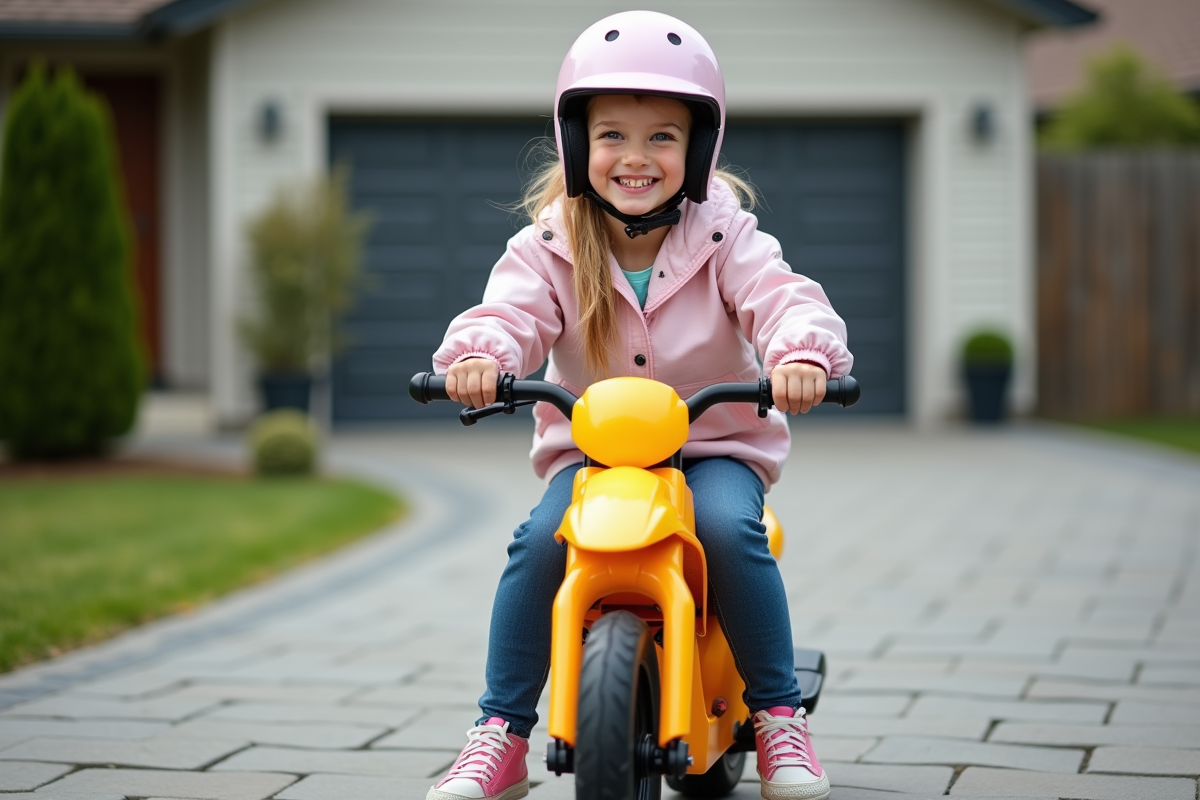 Fille de 8 ans avec casque sur minimoto dans la cour