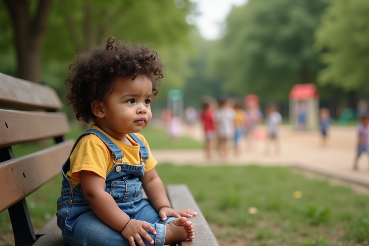 Fille de 18 mois assise sur un banc de parc
