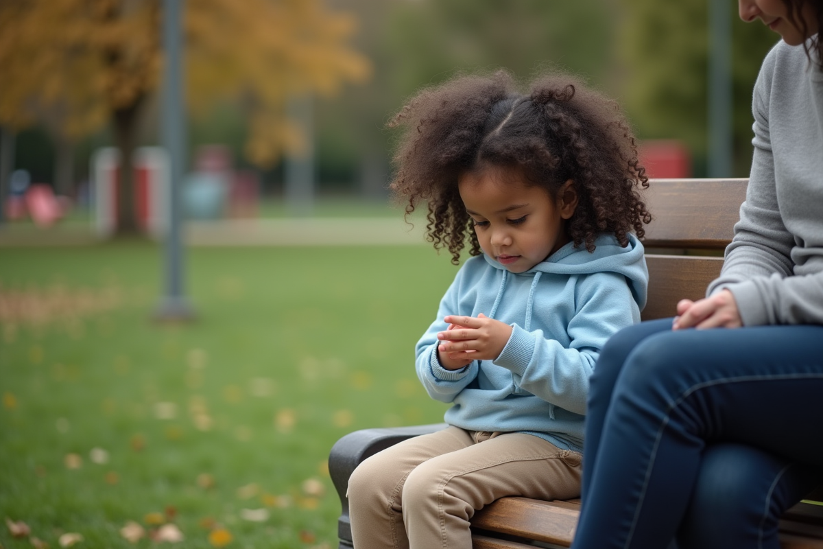 Fille de 8 ans assise sur un banc de parc