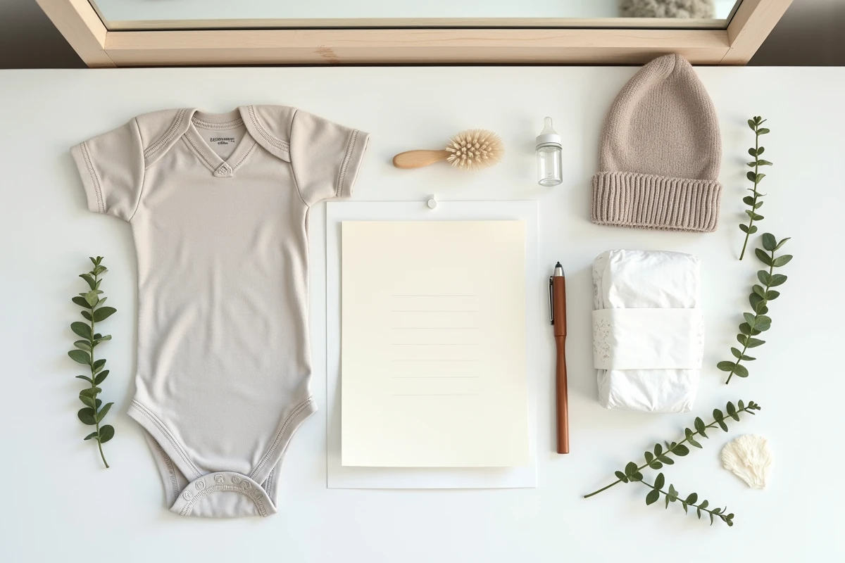 Flat-lay d'articles essentiels pour nouveau-né avec liste manuscrite représentant un coffret naissance gratuit à constituer