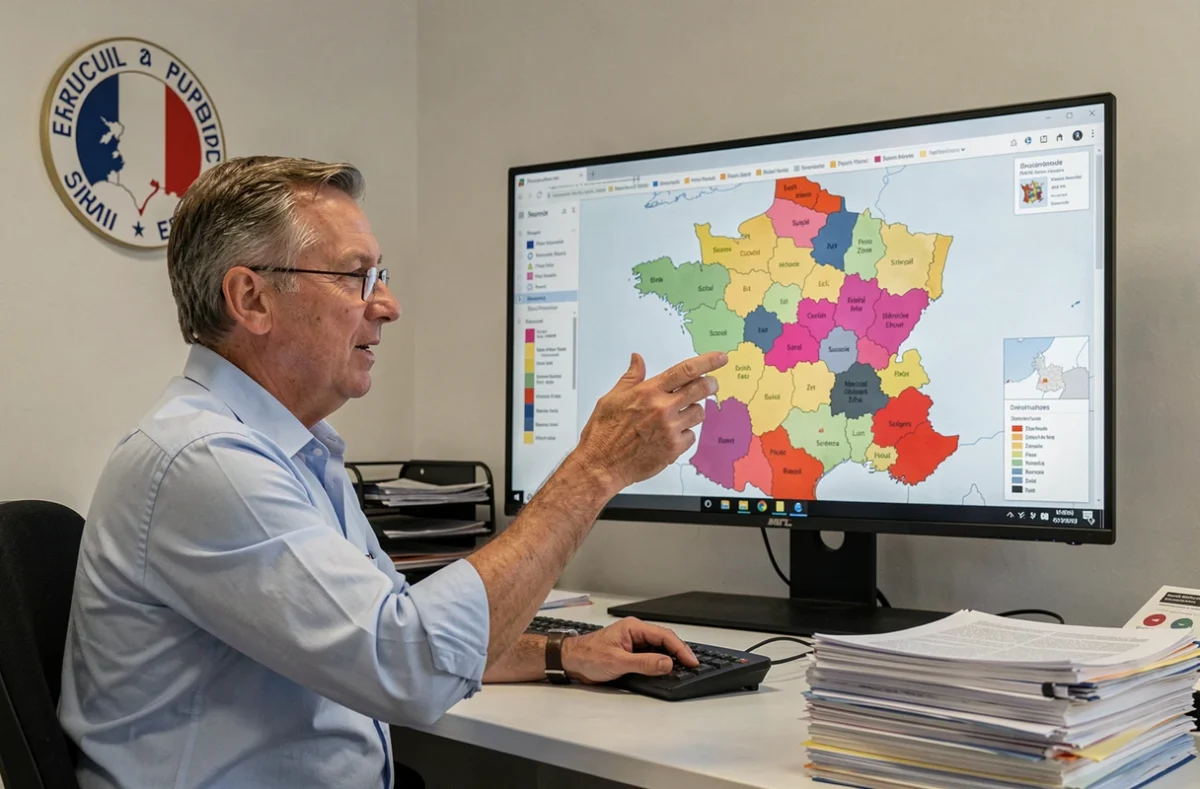 Fonctionnaire municipal expliquant les nouvelles régions scolaires devant une carte numérique administrative