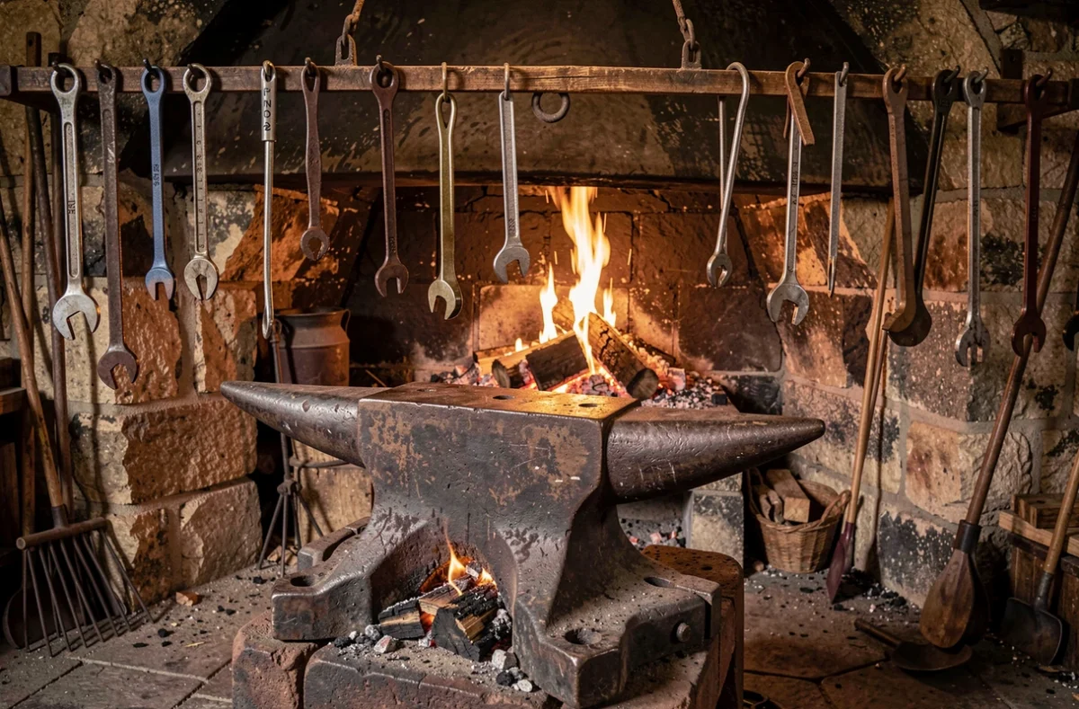 Forge ancienne avec enclume et outils, éclairée par les braises