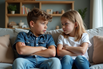 Deux frères et sœurs adolescents sur un canapé en tension