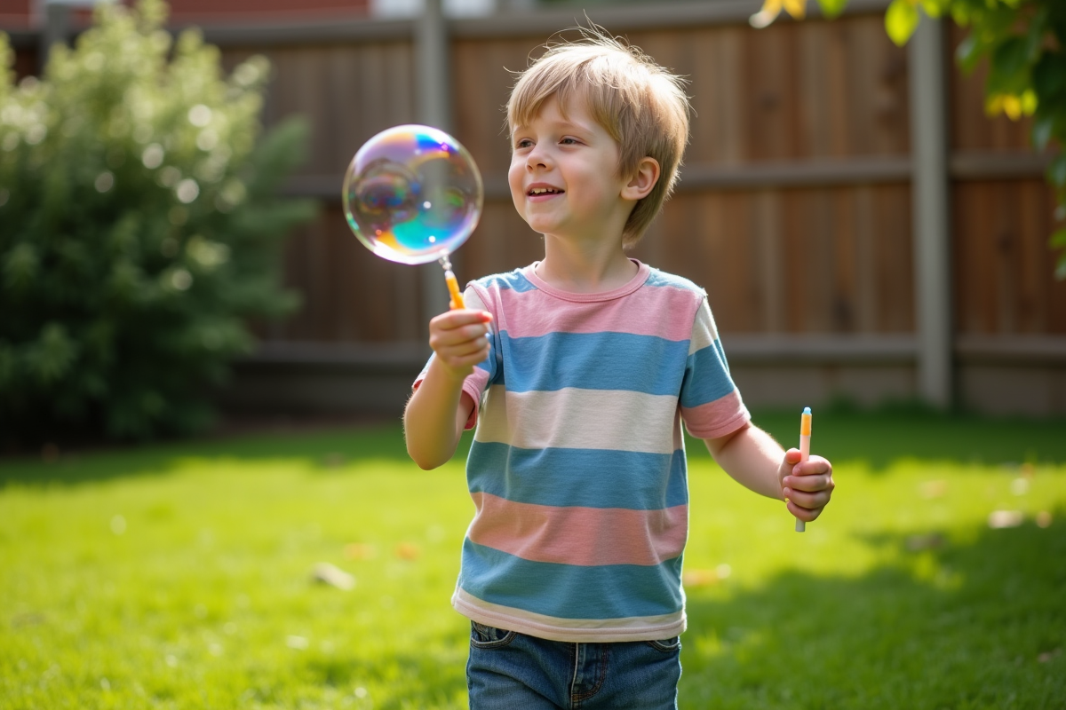 Garçon de 8 ans souffle une grosse bulle de savon dans le jardin