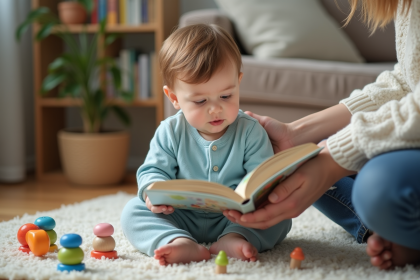 Bébé curieux de 18 mois avec livre dans un salon