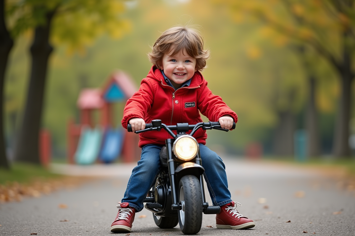 Garçon de 6 ans sur moto enfant rouge et jeans