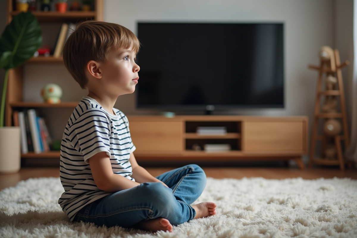 Garçon de 7 ans regardant la télévision dans le salon