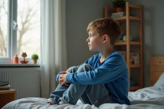 Garçon de 10 ans assis seul dans sa chambre en regardant par la fenêtre