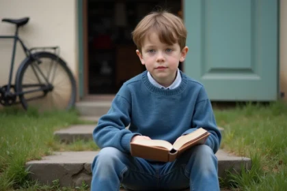 Garçon français assis sur les escaliers d'une maison de banlieue