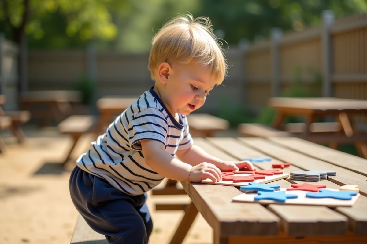 Garçon de 3 ans joue avec un puzzle de formes en extérieur