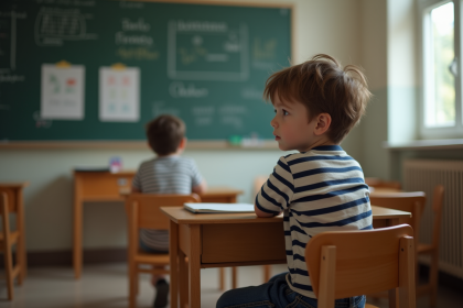 Garçon de 7 ans pensif dans une classe