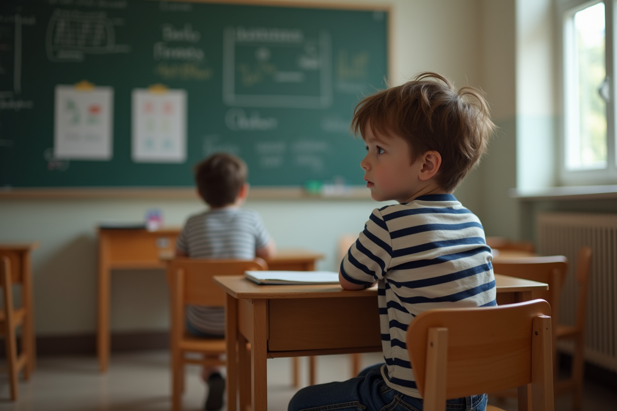 Garçon de 7 ans pensif dans une classe