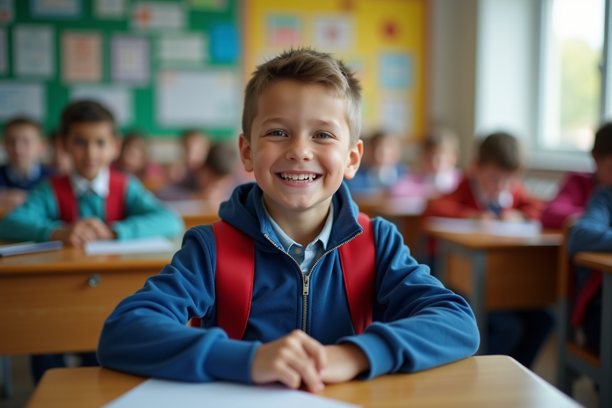 Garçon souriant en classe avec sac à dos rouge