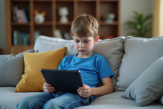 Jeune garçon de 7 ans avec tablette dans un salon moderne