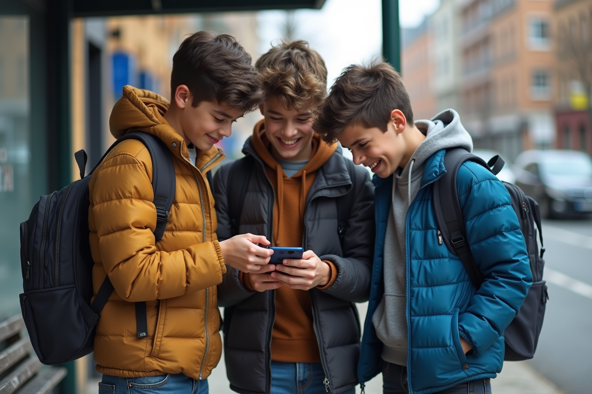 Trois adolescents regardant un smartphone au bus