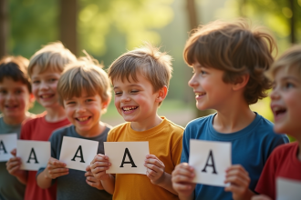 Groupe de jeunes garçons souriants dans un parc ensoleille avec des cartes nom commençant par A