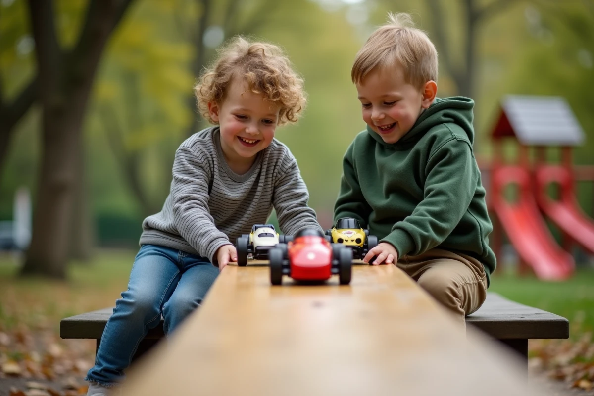 Deux garçons de 4 ans font la course avec des voitures