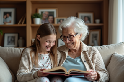 Une grand-mère et sa petite fille rient en regardant un album photo