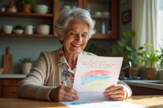 Souriante grand-mere admire un dessin d'enfant