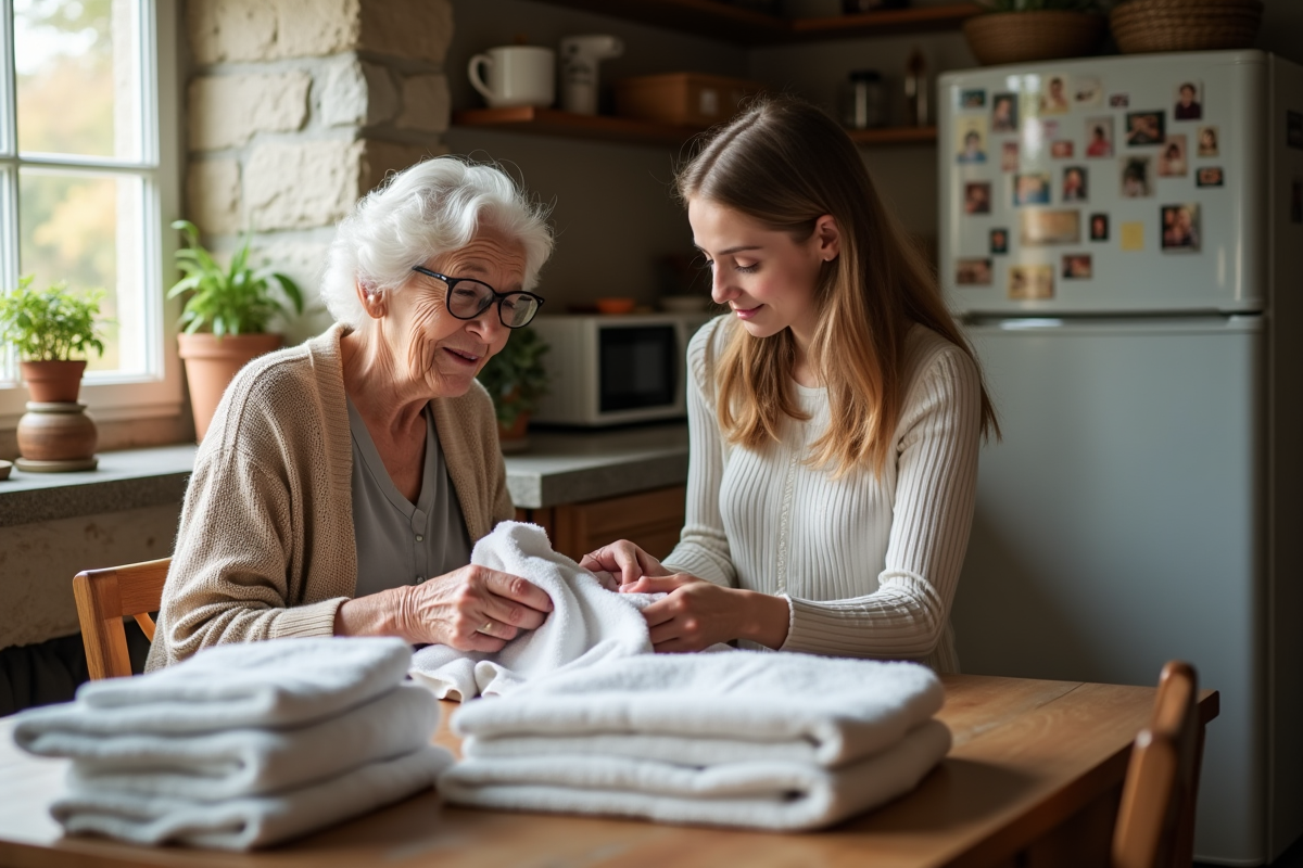 Grand-mère aidant sa petite-fille à plier du linge