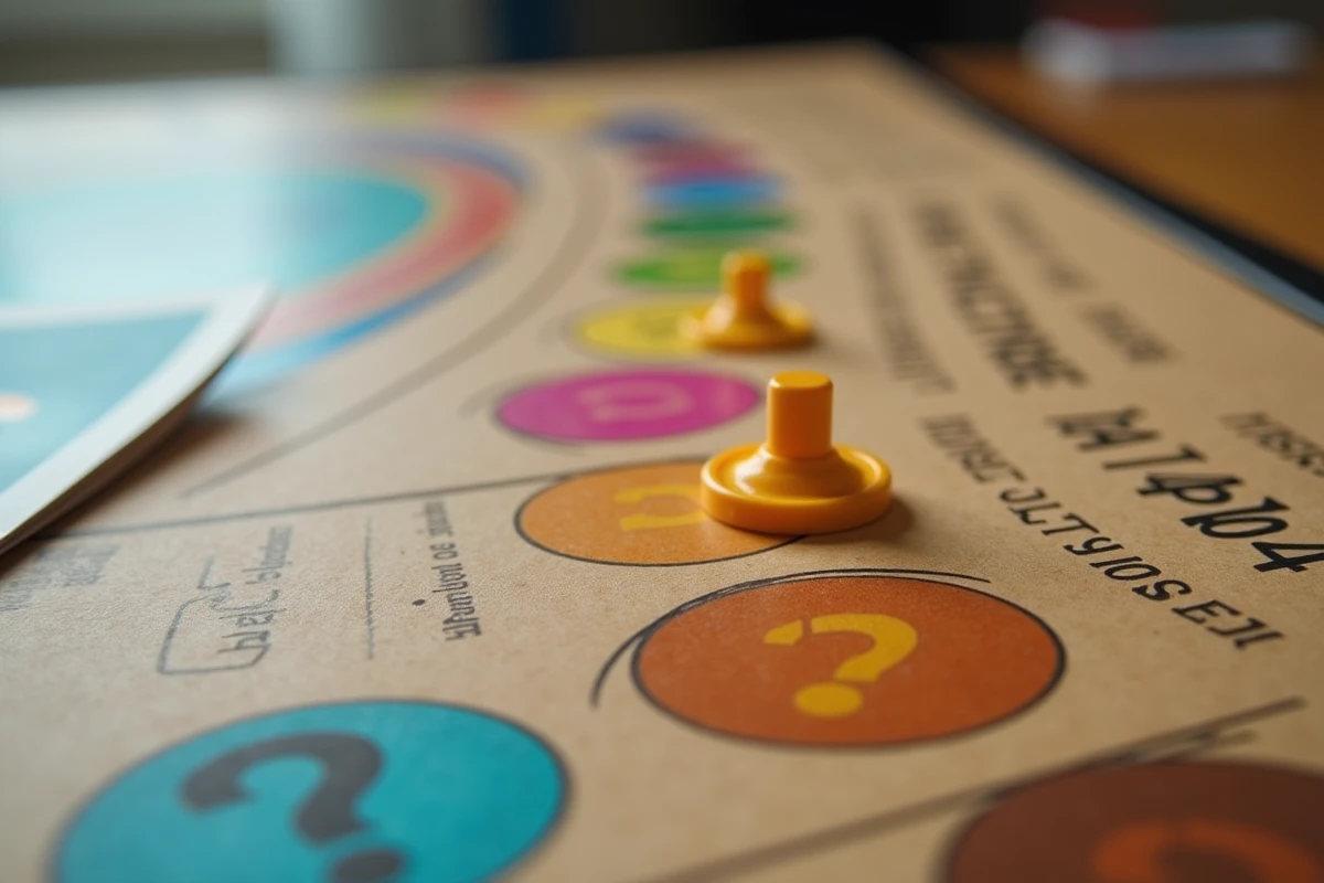 Gros plan sur les cases colorées du plateau de Trivial Pursuit avec un pion et une carte question