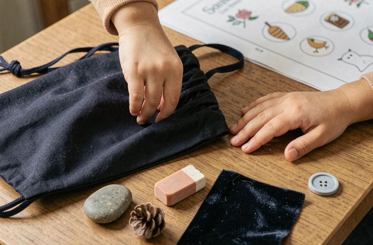 Gros plan des mains d'un enfant explorant un sac sensoriel dans le cadre du jeu touche touche pas