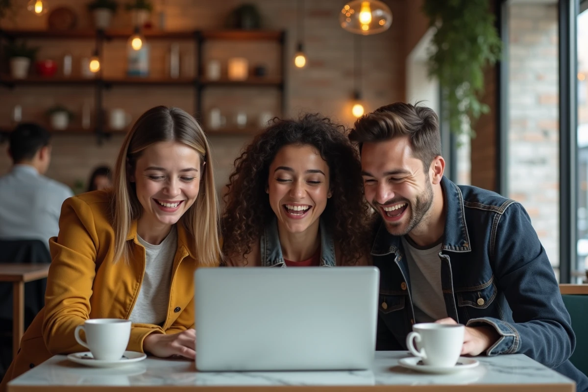 Groupe d'amis regardant ensemble une carte animée d'anniversaire gratuite sur un ordinateur portable dans un café