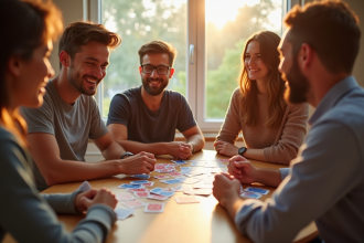 Groupe d'amis jouant à des jeux de société colorés en journée